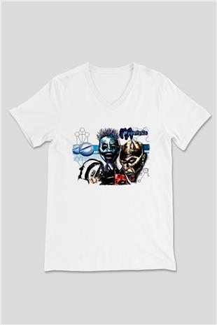 Mudvayne Baskılı Beyaz Unisex V Yaka Tişört - Tshirt