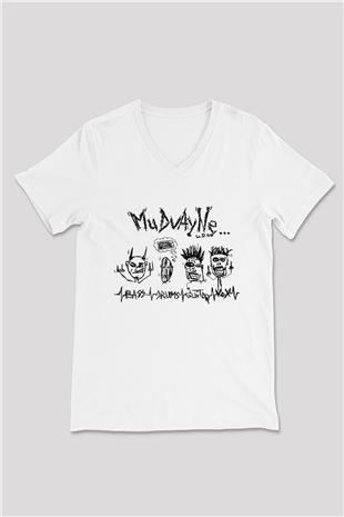 Mudvayne Baskılı Beyaz Unisex V Yaka Tişört - Tshirt