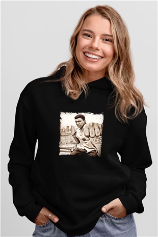 Muhammed Ali Baskılı Unisex Siyah Hoodie