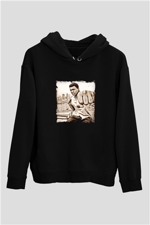 Muhammed Ali Baskılı Unisex Siyah Hoodie
