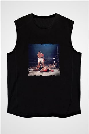 Muhammed Ali Baskılı Unisex Siyah Kolsuz Tişört