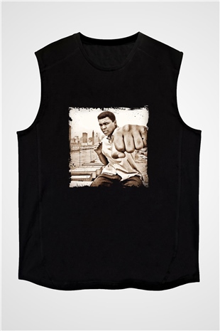 Muhammed Ali Baskılı Unisex Siyah Kolsuz Tişört