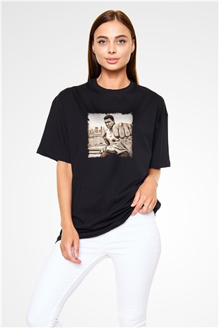Muhammed Ali Baskılı Unisex Siyah Oversize Tişört
