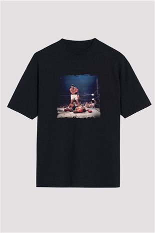 Muhammed Ali Baskılı Unisex Siyah Oversize Tişört