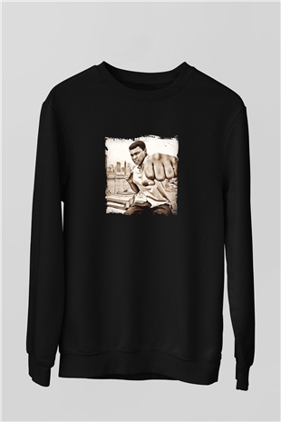 Muhammed Ali Baskılı Unisex Siyah Sweatshirt