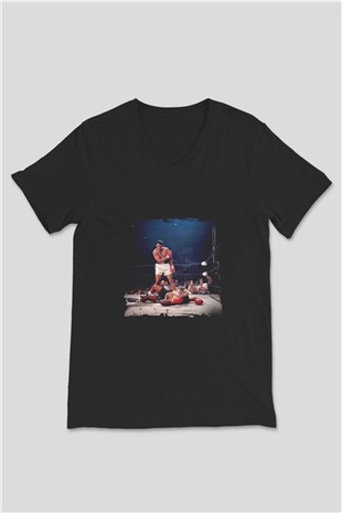 Muhammed Ali Baskılı Unisex Siyah V Yaka Tişört