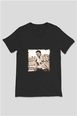 Muhammed Ali Baskılı Unisex Siyah V Yaka Tişört