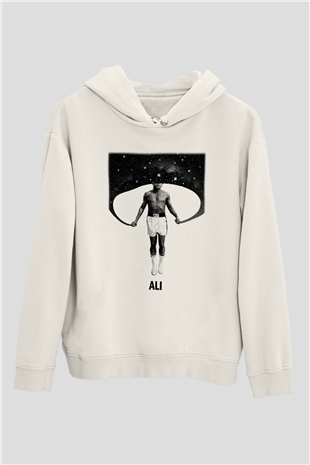 Muhammed Ali Beyaz Unisex Kapşonlu Sweatshirt
