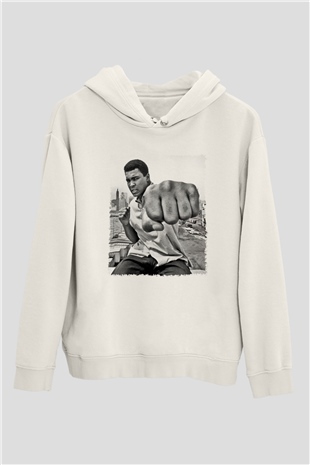 Muhammed Ali Beyaz Unisex Kapşonlu Sweatshirt