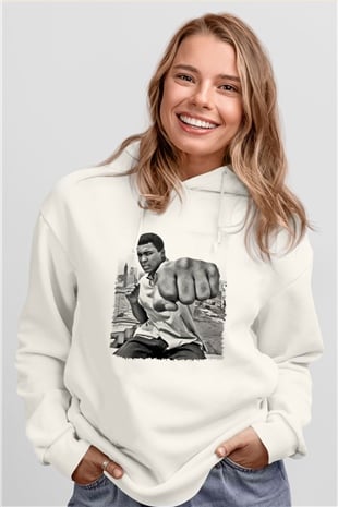 Muhammed Ali Beyaz Unisex Kapşonlu Sweatshirt