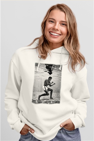 Muhammed Ali Beyaz Unisex Kapşonlu Sweatshirt