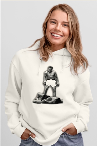 Muhammed Ali Beyaz Unisex Kapşonlu Sweatshirt