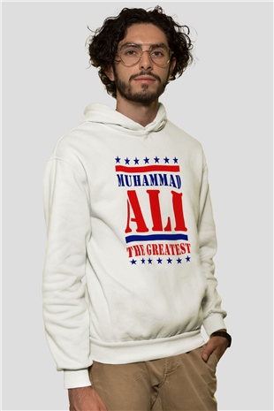 Muhammed Ali Beyaz Unisex Kapşonlu Sweatshirt