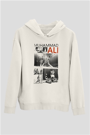 Muhammed Ali Beyaz Unisex Kapşonlu Sweatshirt