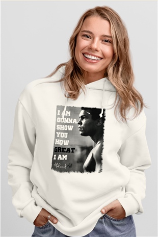 Muhammed Ali Beyaz Unisex Kapşonlu Sweatshirt