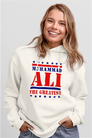 Muhammed Ali Beyaz Unisex Kapşonlu Sweatshirt
