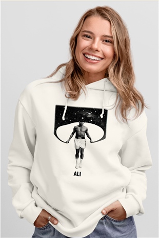 Muhammed Ali Beyaz Unisex Kapşonlu Sweatshirt
