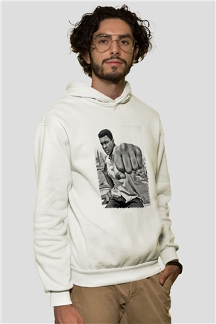Muhammed Ali Beyaz Unisex Kapşonlu Sweatshirt