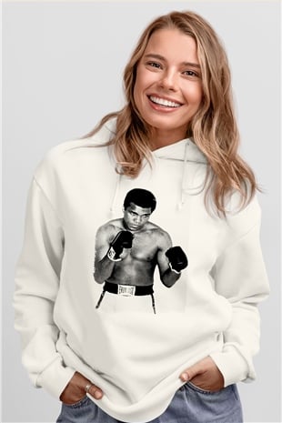 Muhammed Ali Beyaz Unisex Kapüşonlu Sweatshirt