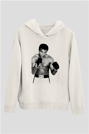 Muhammed Ali Beyaz Unisex Kapüşonlu Sweatshirt