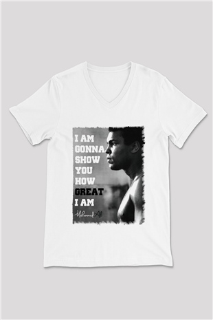 Muhammed Ali Beyaz Unisex V Yaka Tişört T-Shirt
