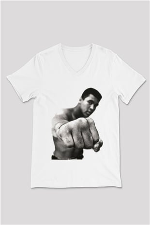 Muhammed Ali Beyaz Unisex V Yaka Tişört T-Shirt