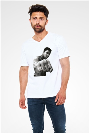 Muhammed Ali Beyaz Unisex V Yaka Tişört T-Shirt