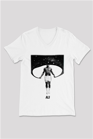 Muhammed Ali Beyaz Unisex V Yaka Tişört T-Shirt