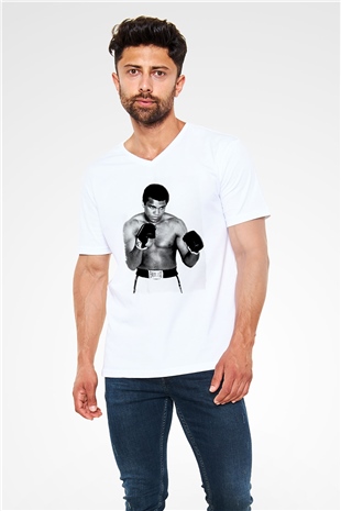 Muhammed Ali Beyaz Unisex V Yaka Tişört