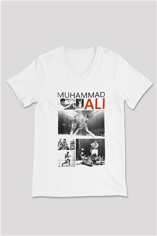 Muhammed Ali Beyaz Unisex V Yaka Tişört T-Shirt