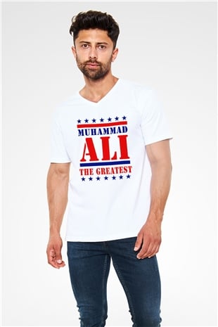 Muhammed Ali Beyaz Unisex V Yaka Tişört T-Shirt