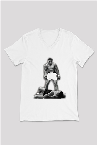 Muhammed Ali Beyaz Unisex V Yaka Tişört T-Shirt