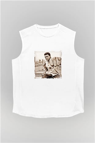 Muhammed Ali Unisex Baskılı Beyaz Kolsuz Tişört