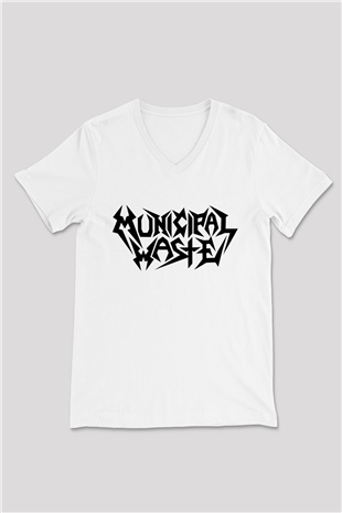 Municipal Waste Beyaz Unisex V Yaka Tişört T-Shirt