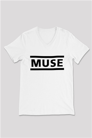 Muse Beyaz Unisex V Yaka Tişört