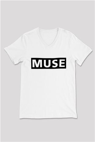 Muse Beyaz Unisex V Yaka Tişört T-Shirt