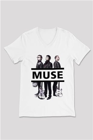 Muse Beyaz Unisex V Yaka Tişört T-Shirt