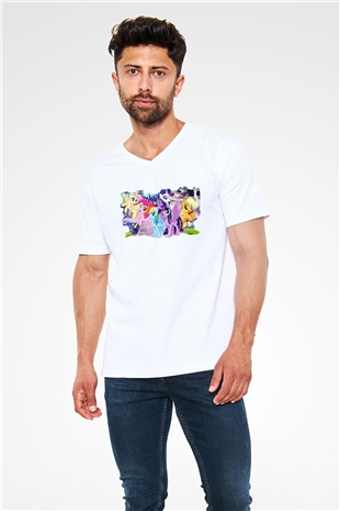 My Little Pony Beyaz Unisex V Yaka Tişört