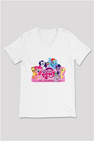 My Little Pony Beyaz Unisex V Yaka Tişört