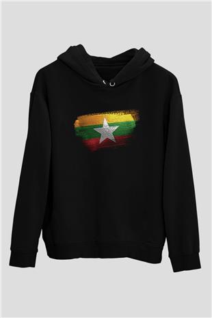 Myanmar Bayrağı Baskılı Unisex Siyah Kapüşonlu Sweatshirt