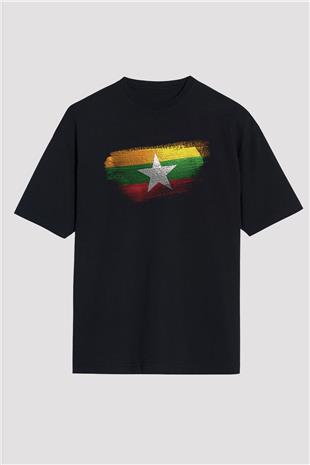 Myanmar Bayrağı Baskılı Unisex Siyah Oversize Tişört