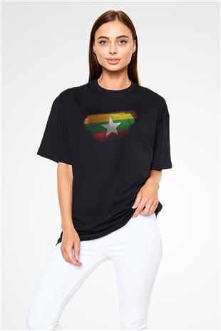 Myanmar Bayrağı Baskılı Unisex Siyah Oversize Tişört