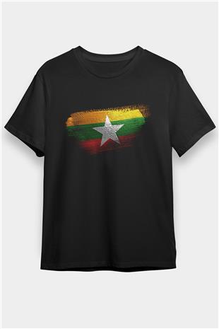 Myanmar Bayrağı Baskılı Unisex Siyah Tişört