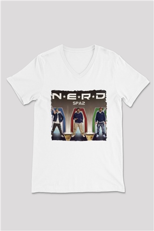 N.E.R.D Beyaz Unisex V Yaka Tişört