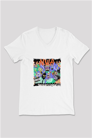 N.W.A Baskılı Beyaz V Yaka Unisex Tişört