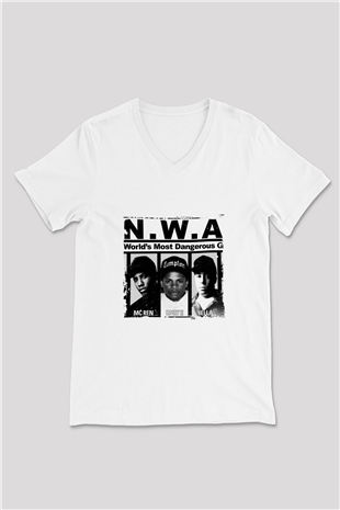 N.W.A Baskılı Beyaz V Yaka Unisex Tişört