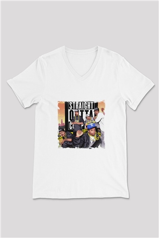 N.W.A Baskılı Beyaz V Yaka Unisex Tişört