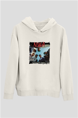 N.W.A Baskılı Unisex Beyaz Kapüşonlu Sweatshirt