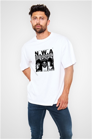 N.W.A Baskılı Oversize Beyaz Tişört