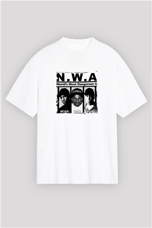N.W.A Baskılı Oversize Beyaz Tişört